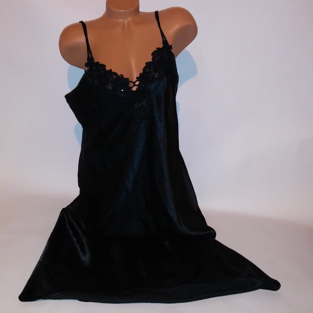 Expressions Lingerie Chemise Slip Gown Sleepwear Large Black Beaded Trim